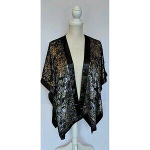 Black Multicolor Velvet Floral Burnout Dark Romantic Open Kimono Shawl
